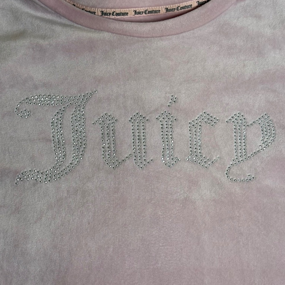 Juicy Couture Velour Pullover Sweater Pink Rhinestone Logo Crewneck Size M Y2K - Picture 15 of 16